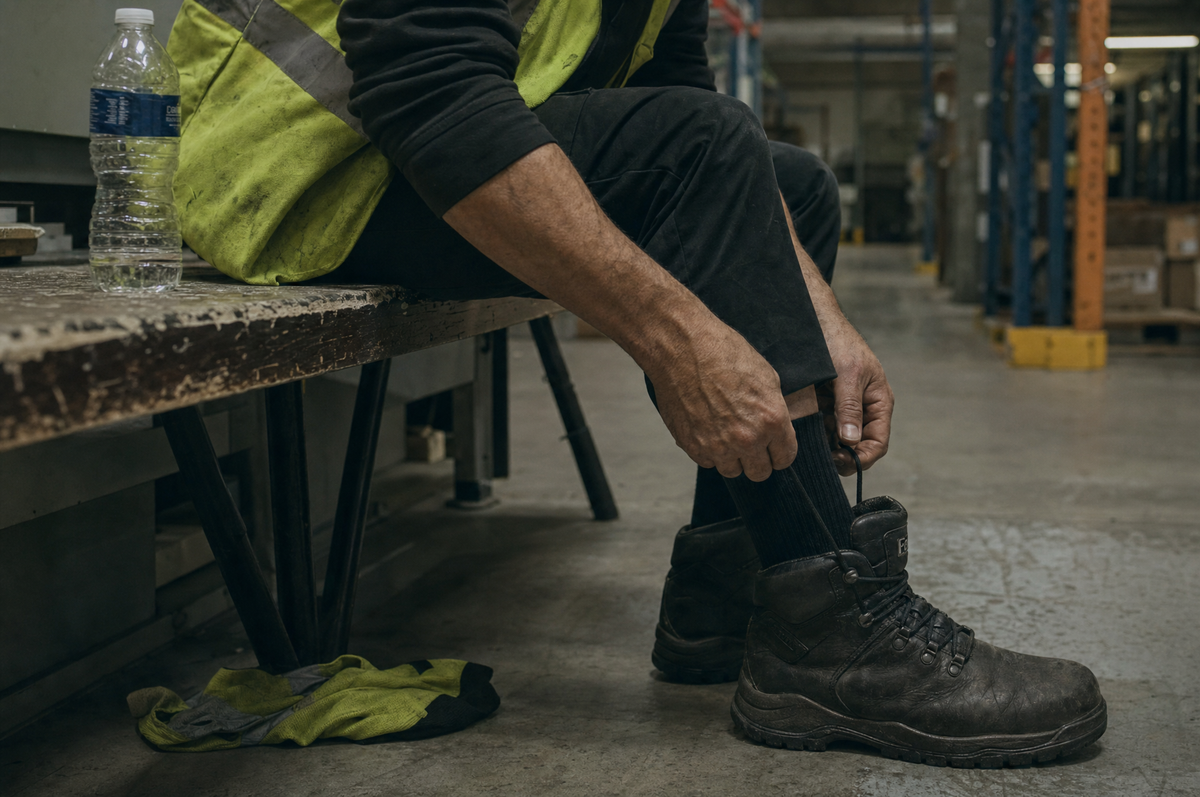 Lacing composite-toe boots on a warehouse break bench