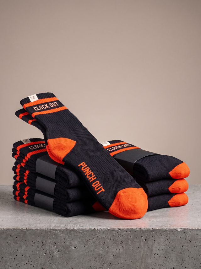 The Shift Sock — black crew work sock with orange cuff bands and toe cap