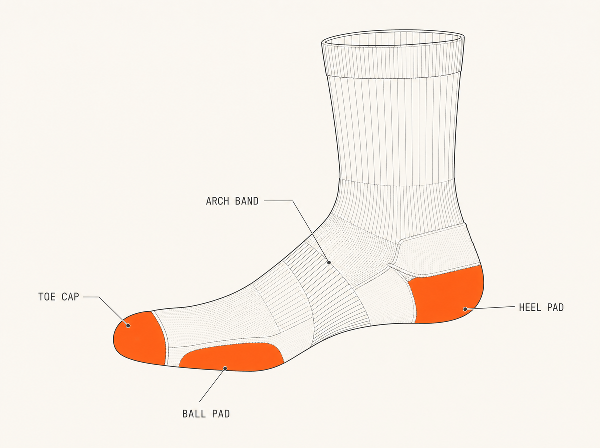 The Shift Sock zone diagram — toe cap, arch band, ball pad, heel pad